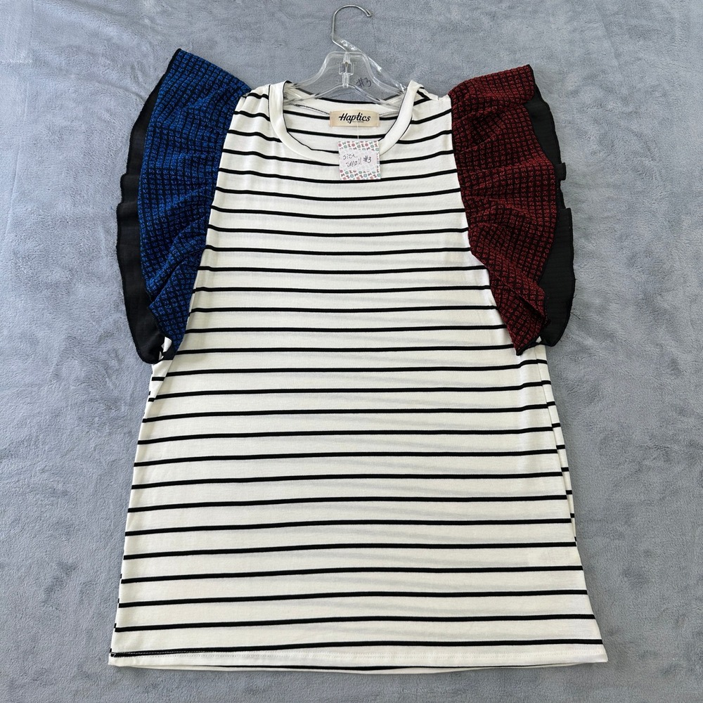 Haptics Holly Harper Striped Flutter Sleeve Top Red Blue Black White HT3065A S